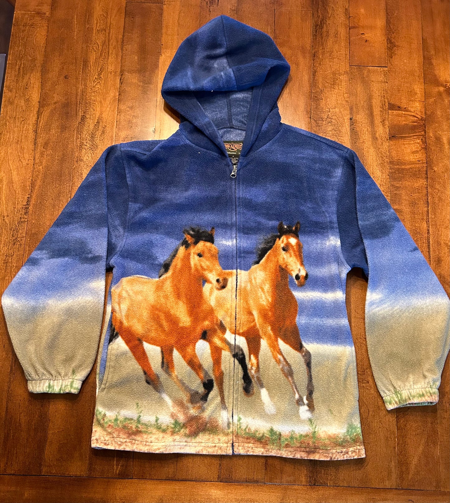 Vintage Trail Crest Fleece Zip Up Hoodie with Running Horses Size S