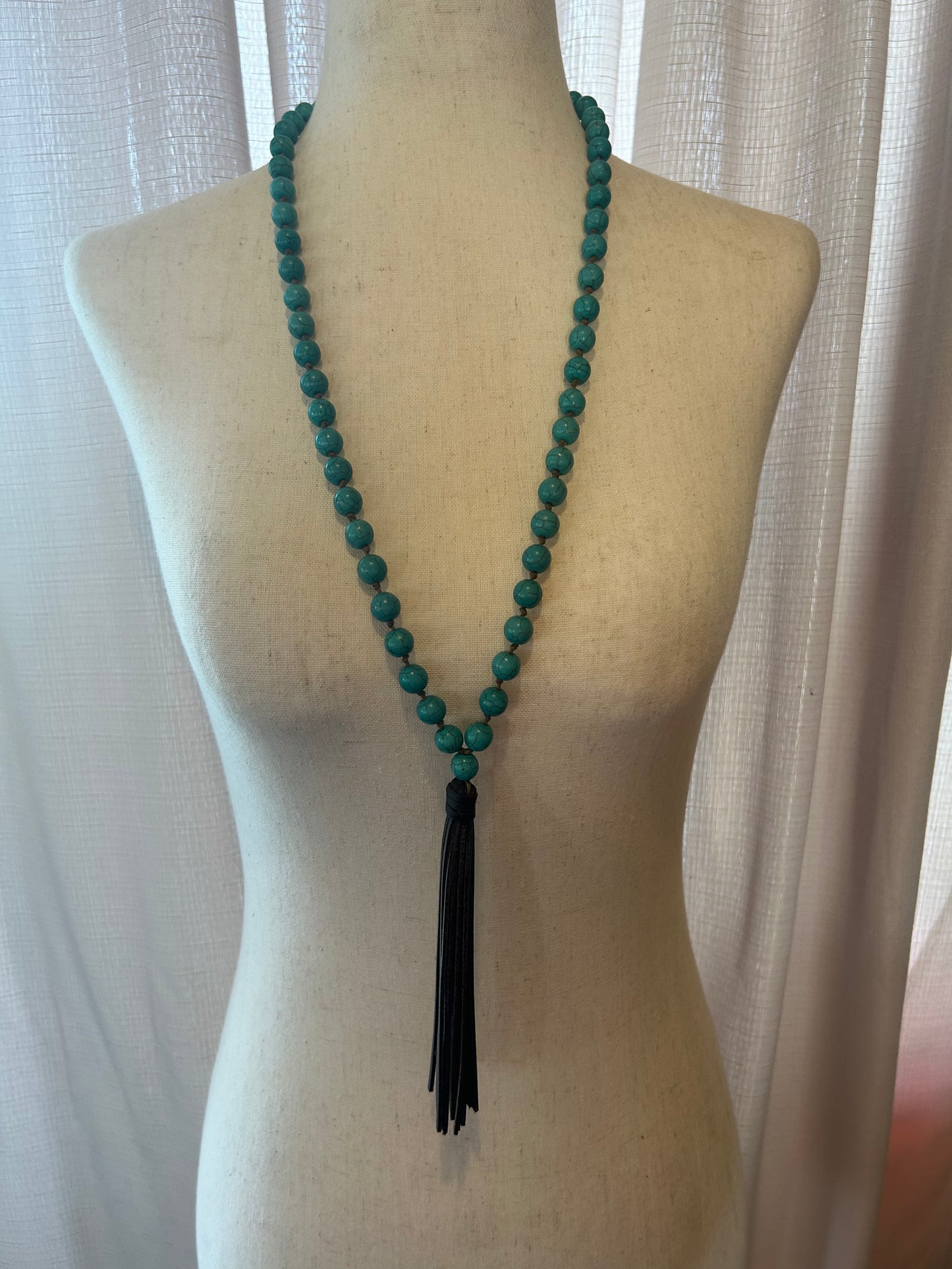 Long Turquoise Beaded Necklace with Leather Tassel