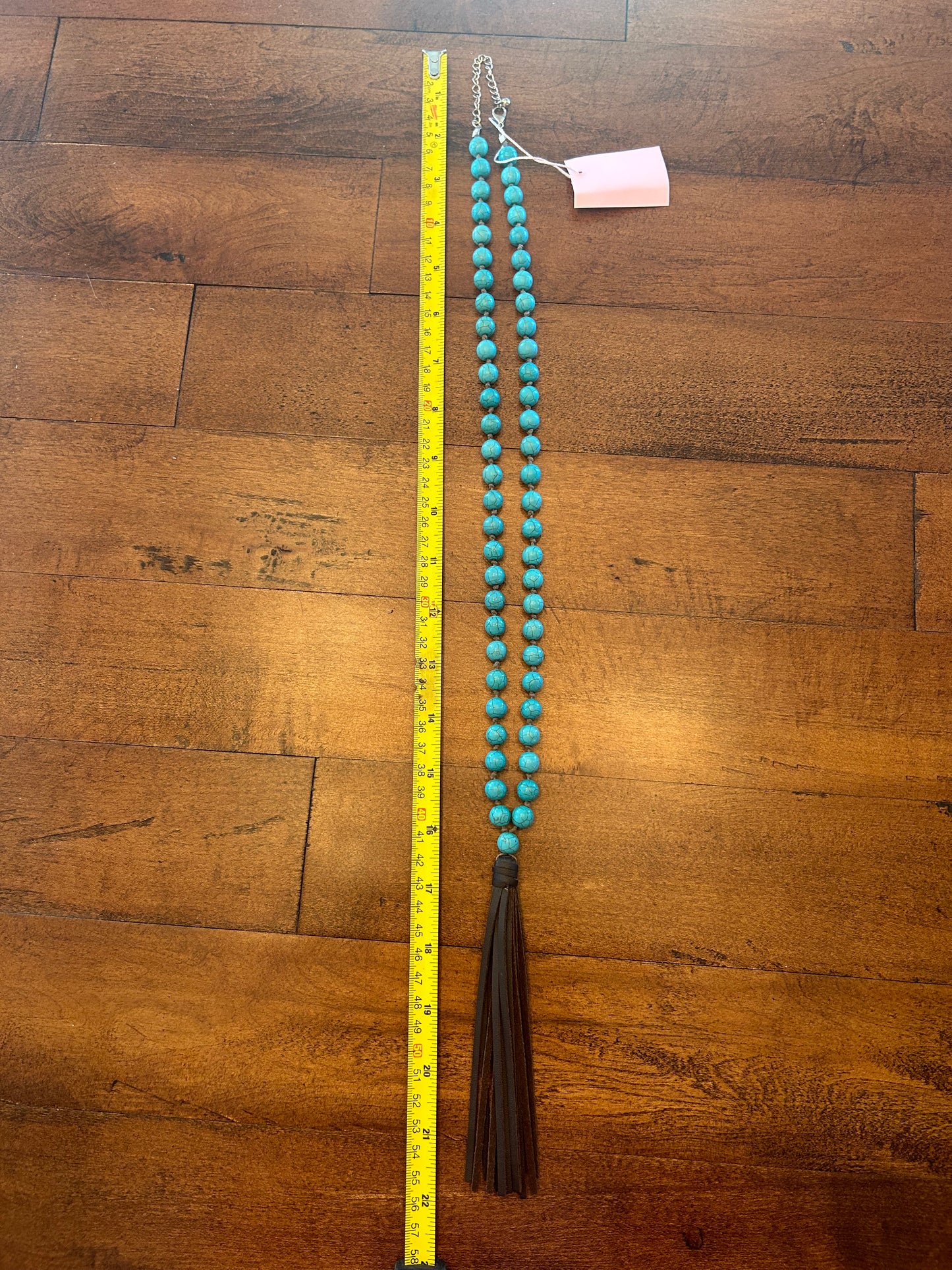 Long Turquoise Beaded Necklace with Leather Tassel