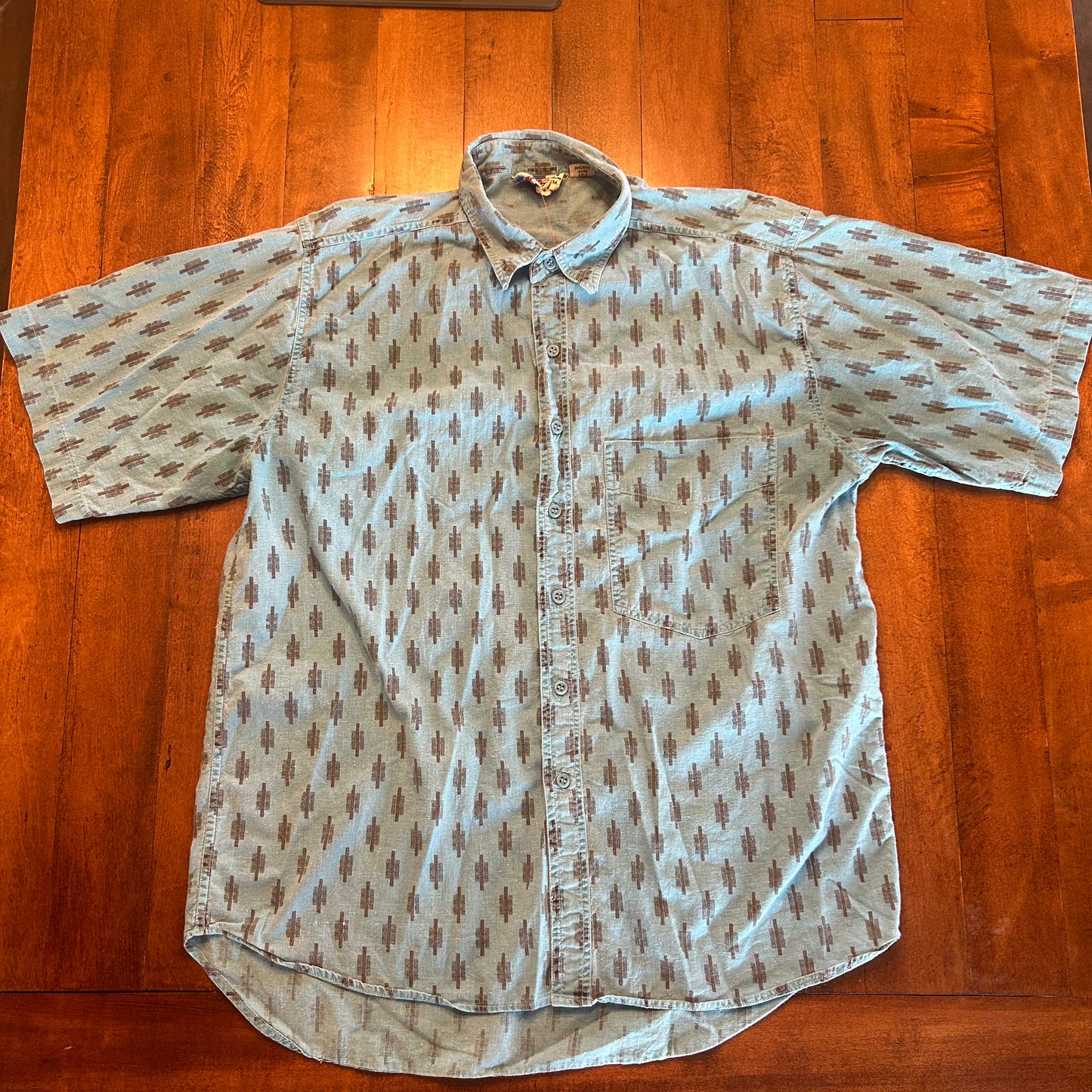 Vintage Shah Safari Short Sleeve Teal Aztec Button Up Size M