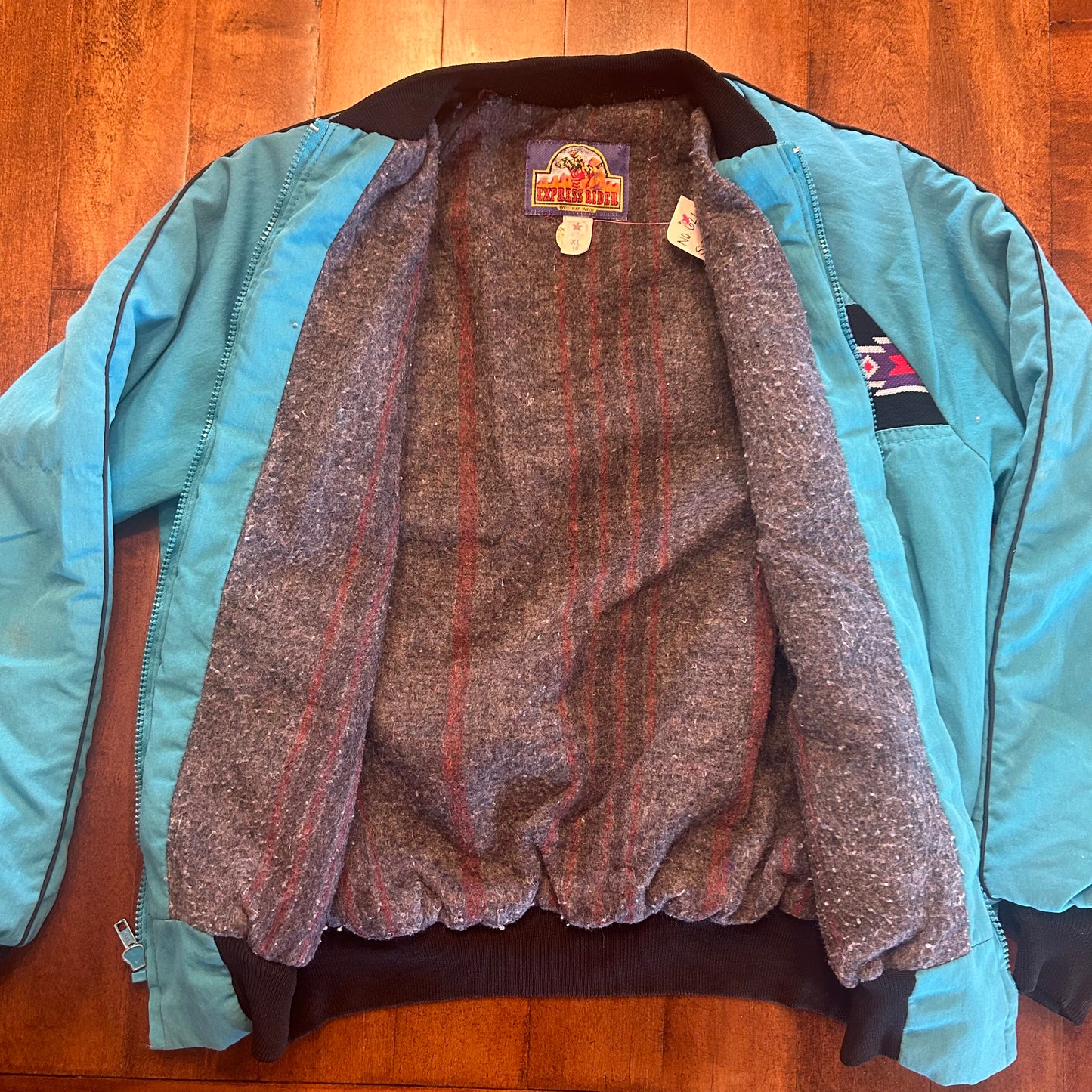 Vintage Express Rider Western Wear Teal Aztec Bomber Jacket Kids Size XL or Ladies Size XS
