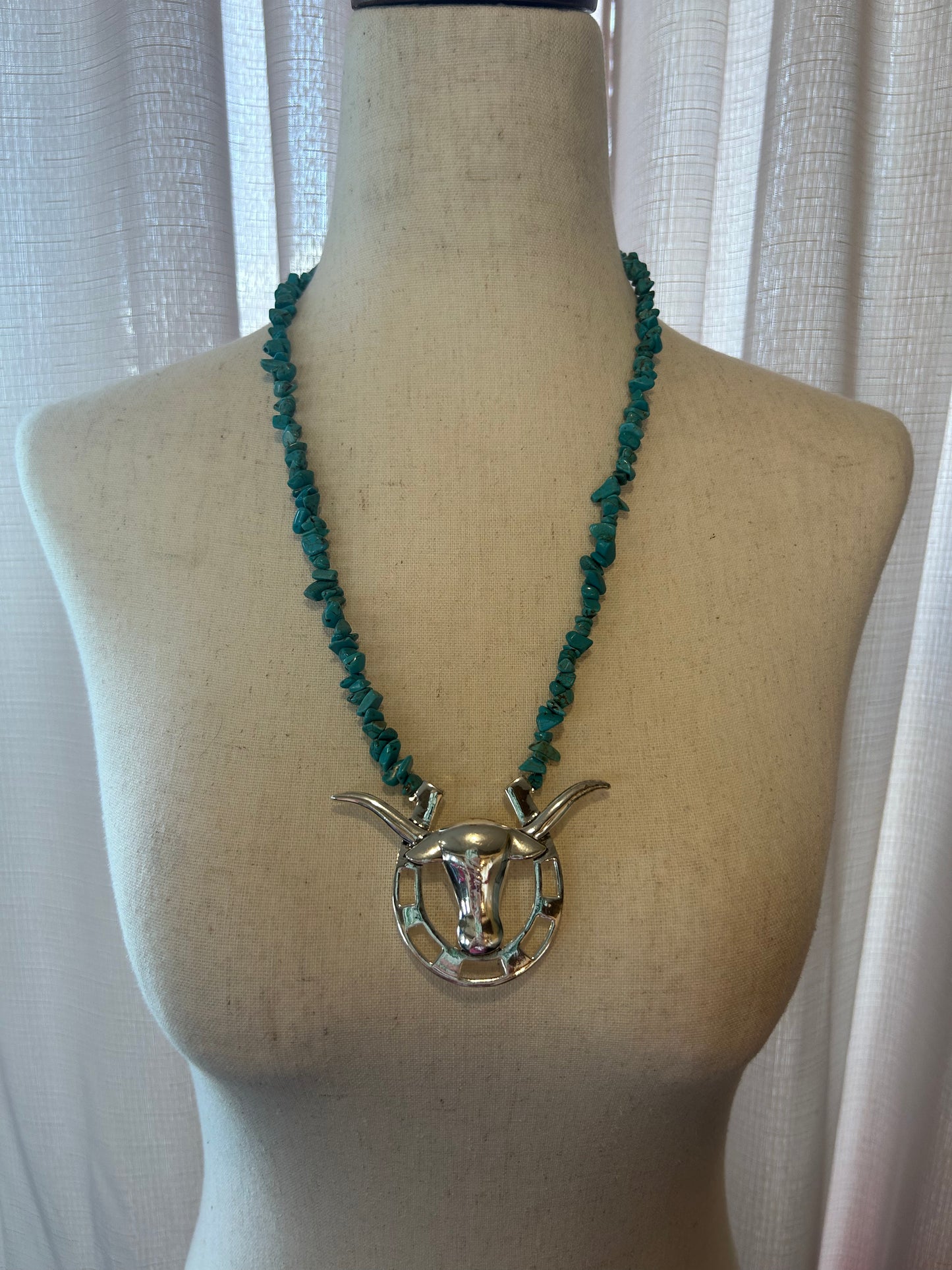 Turquoise Stone & Silver Longhorn Necklace