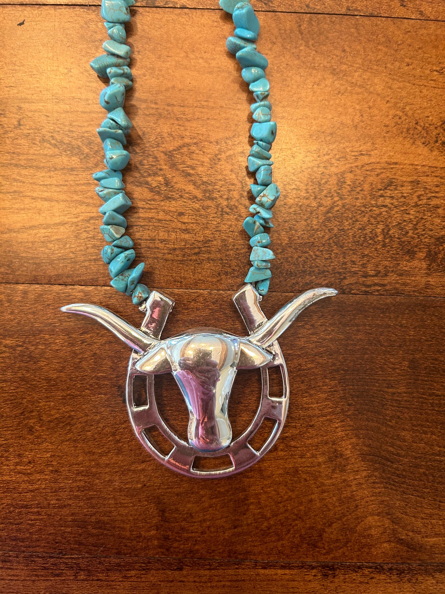 Turquoise Stone & Silver Longhorn Necklace