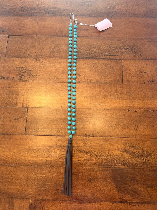 Long Turquoise Beaded Necklace with Leather Tassel