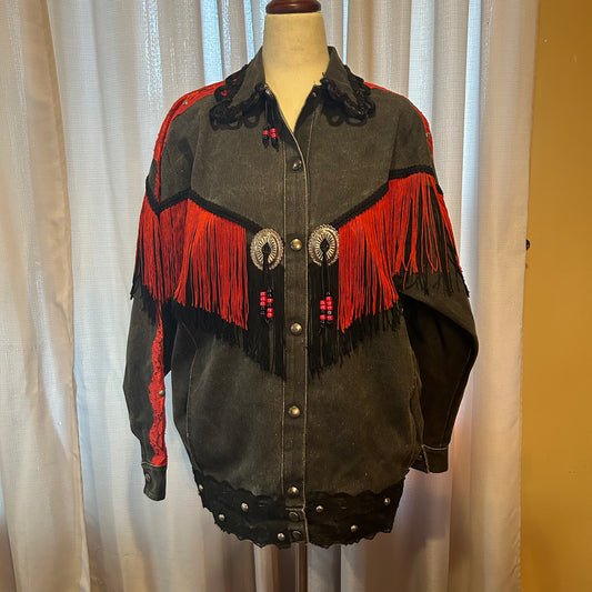 The Vintage Rose Fringe Black Jean Jacket Size M