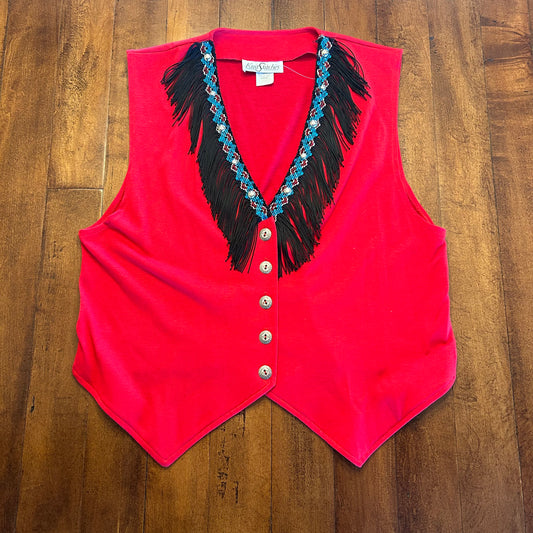 Vintage Snit Stitches Red Fringe Vest Size L