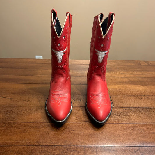 Vintage 1950s/60s Cherry Red Leather Longhorn Inlay Cowboy Boots Size Men’s 6 or Women’s 7.5