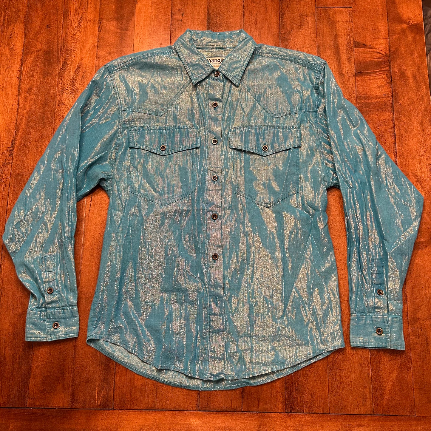 Vintage Wrangler Blue and Gold Button Up Size M