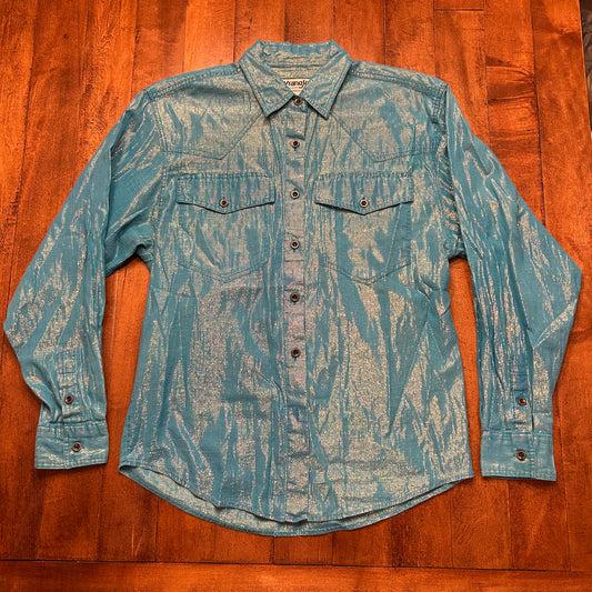 Vintage Wrangler Blue and Gold Button Up Size M