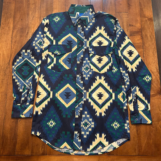 Vintage NWOT Roper Blue & Green Aztec Button Up Size M