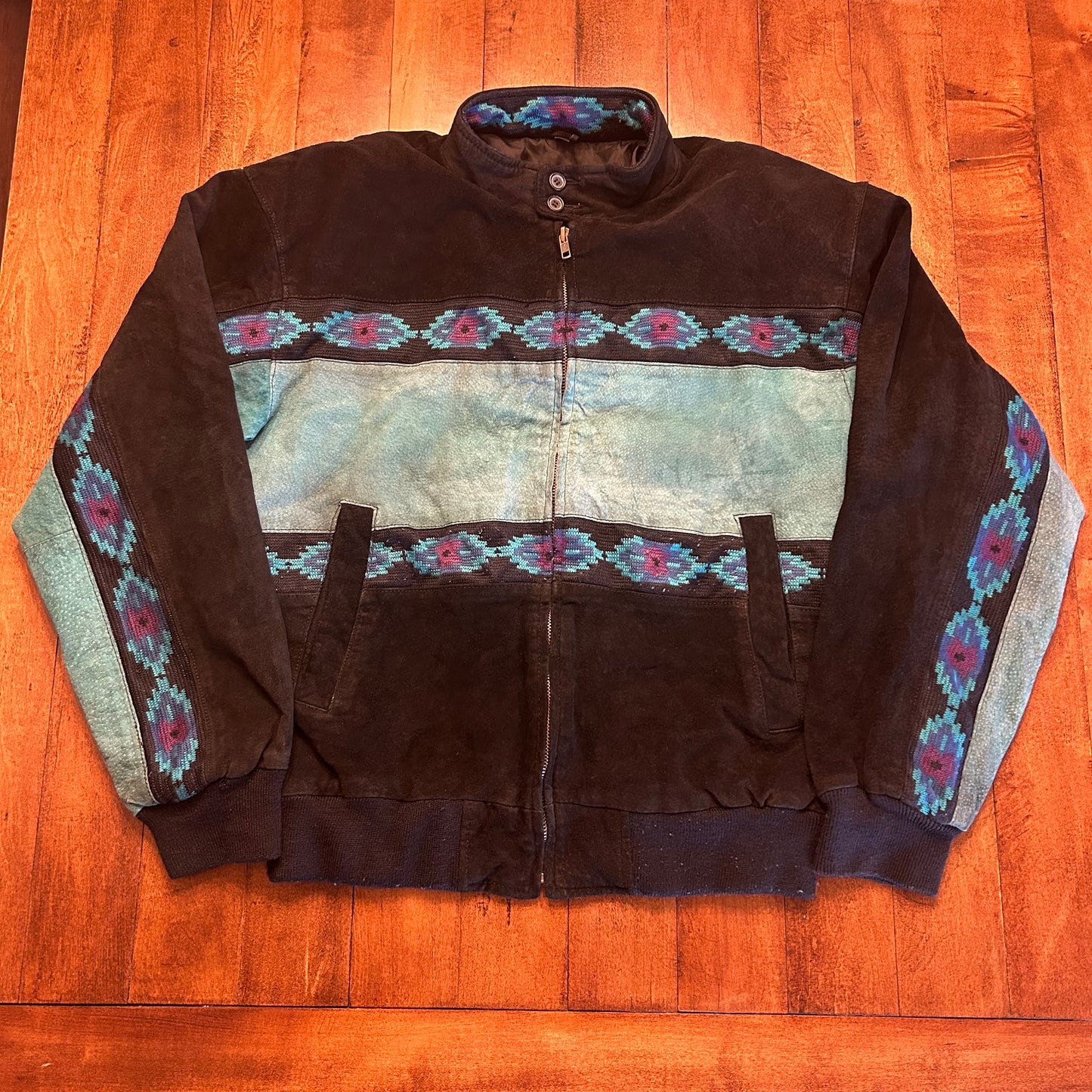 Vintage Adler Turquoise Suede Aztec Bomber Jacket Size S