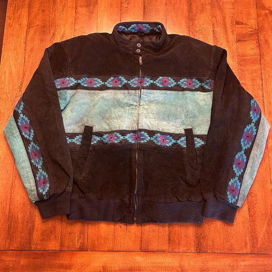 Vintage Adler Turquoise Suede Aztec Bomber Jacket Size S