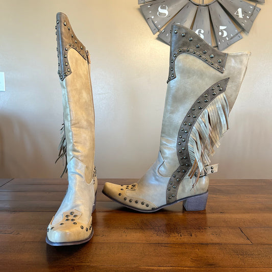 Tan Studded Boots with Fringe Size 9.5