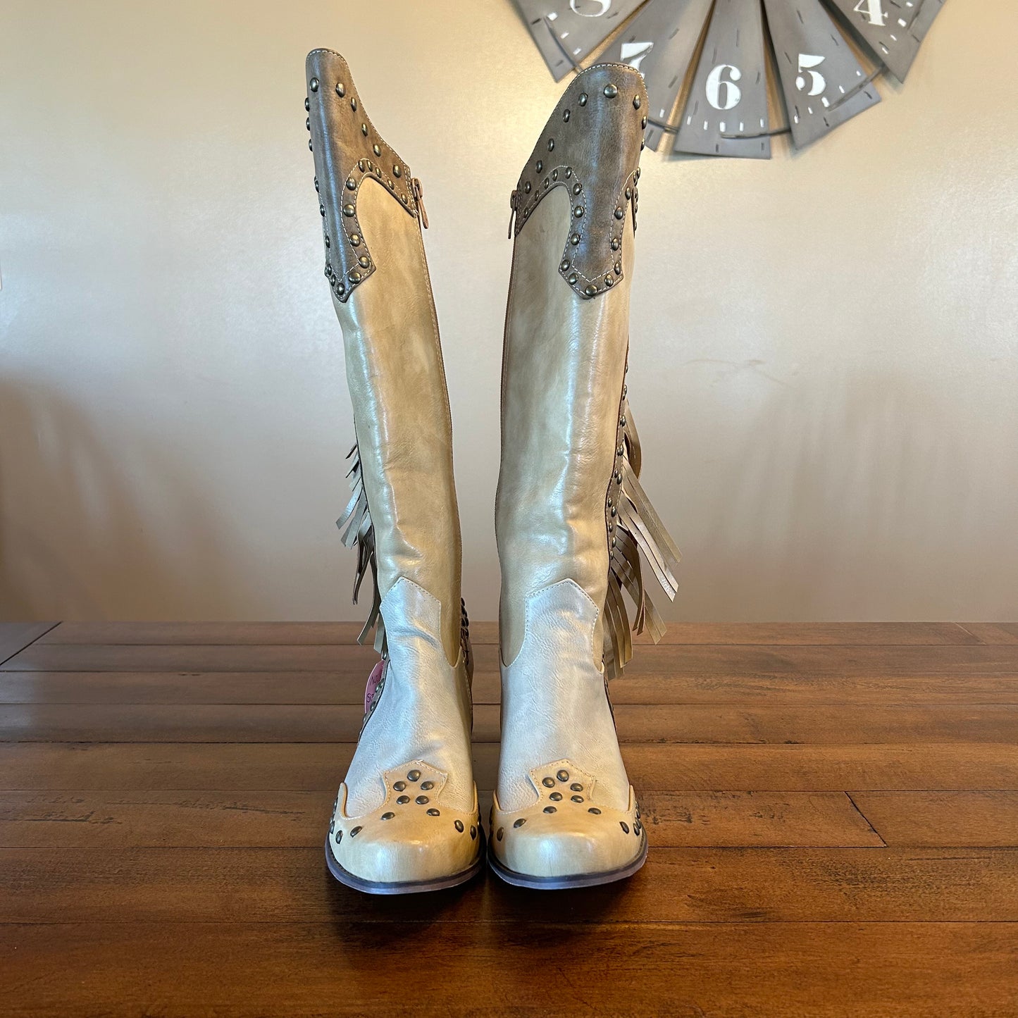 Tan Studded Boots with Fringe Size 9.5