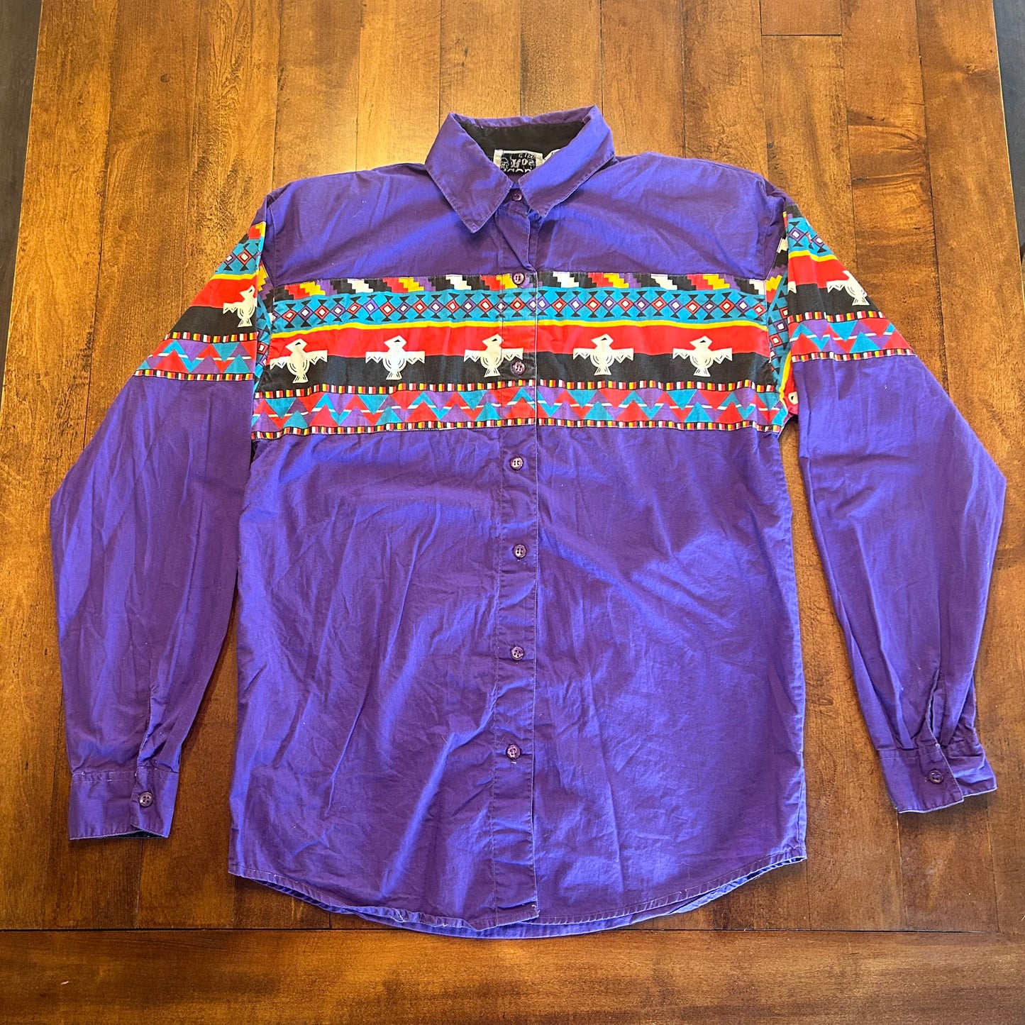 Vintage 1992 Adobe Rose Purple Aztec Button Up with Shoulder Pads Size M