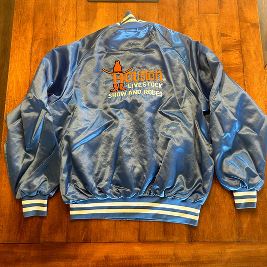 Vintage Houston Livestock Satin Royal Blue Bomber Jacket Size L