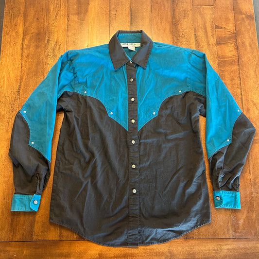 Vintage 1995 Adobe Rose Teal & Black Button Up with Shoulder Pads Size S