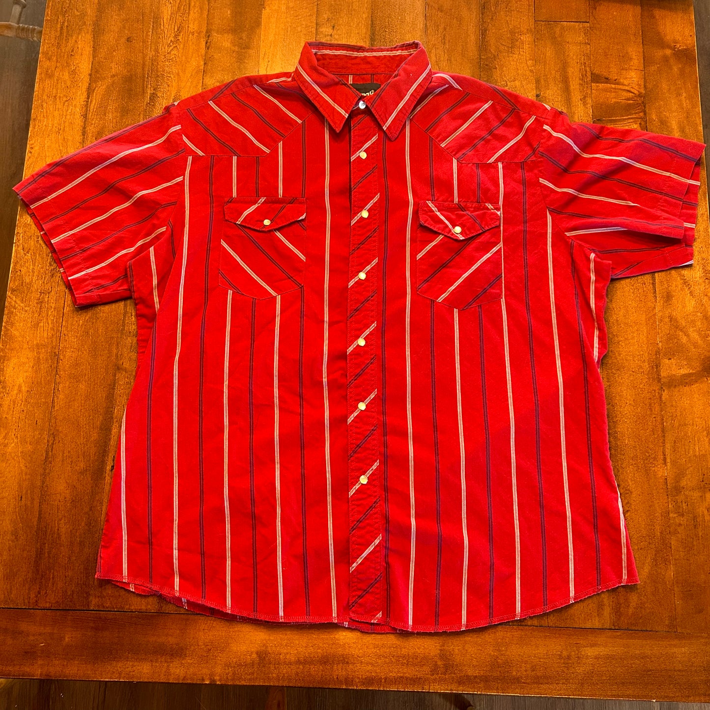 Vintage Wrangler Pearl Snap Short Sleeve Red Pin Stripe Size XL