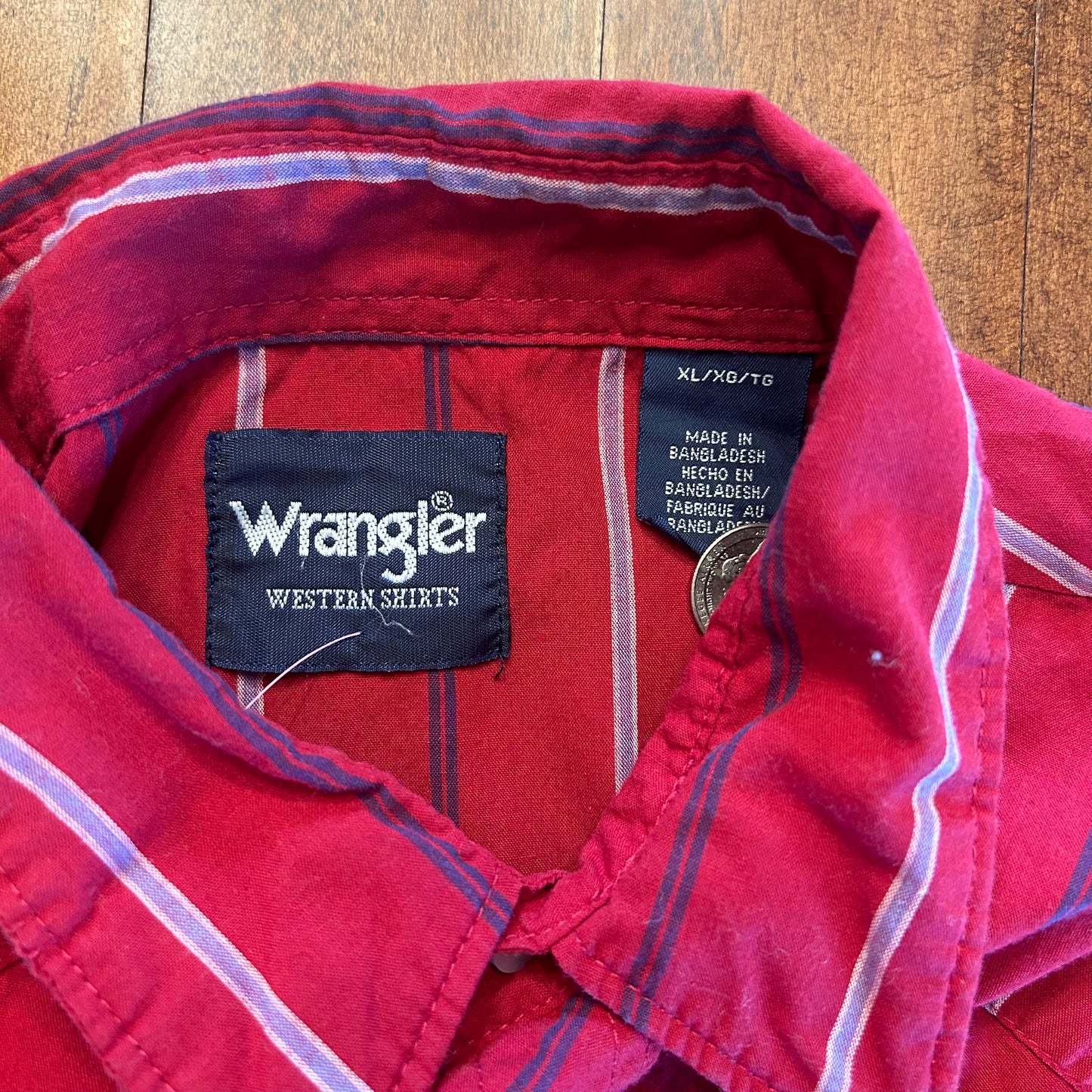 Vintage Wrangler Pearl Snap Short Sleeve Red Pin Stripe Size XL