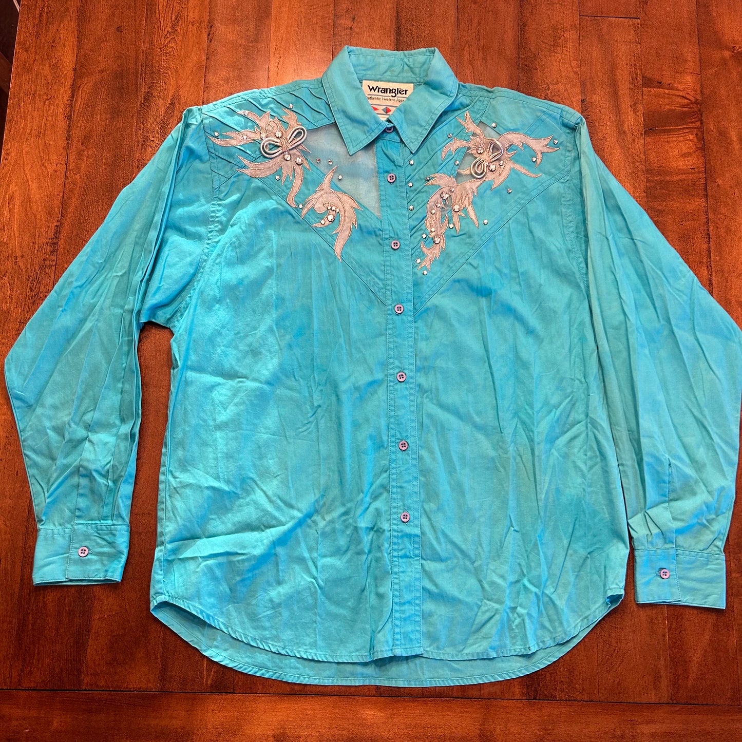 Vintage Wrangler Teal Jeweled Mesh Button Up Ladies Size M