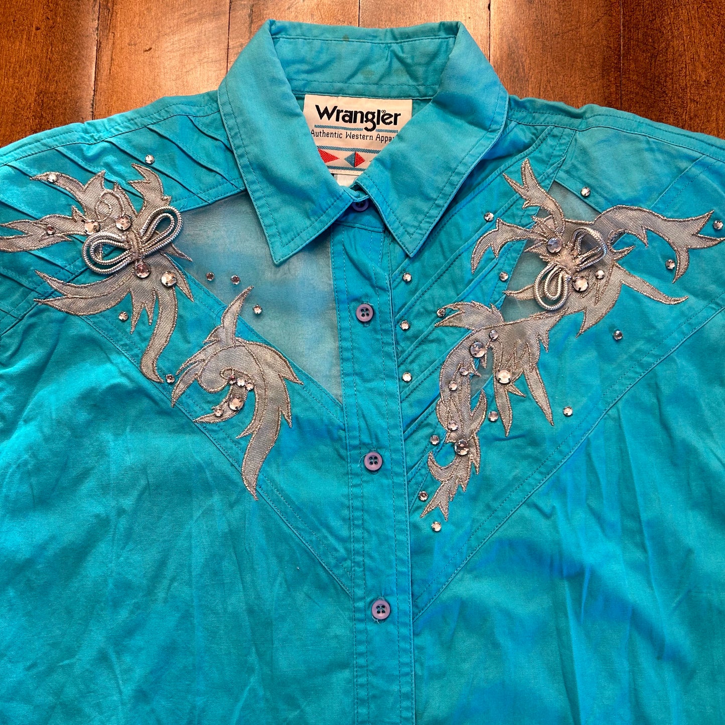 Vintage Wrangler Teal Jeweled Mesh Button Up Ladies Size M