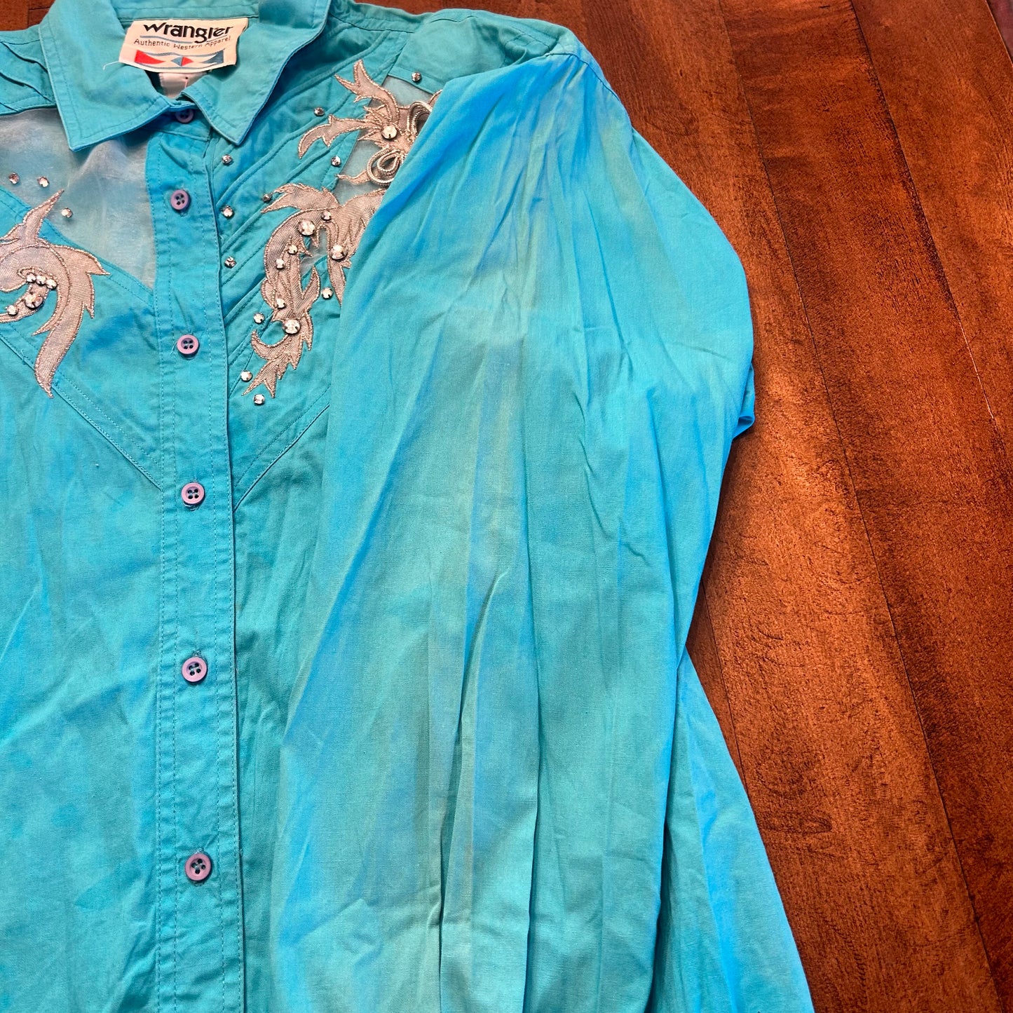 Vintage Wrangler Teal Jeweled Mesh Button Up Ladies Size M